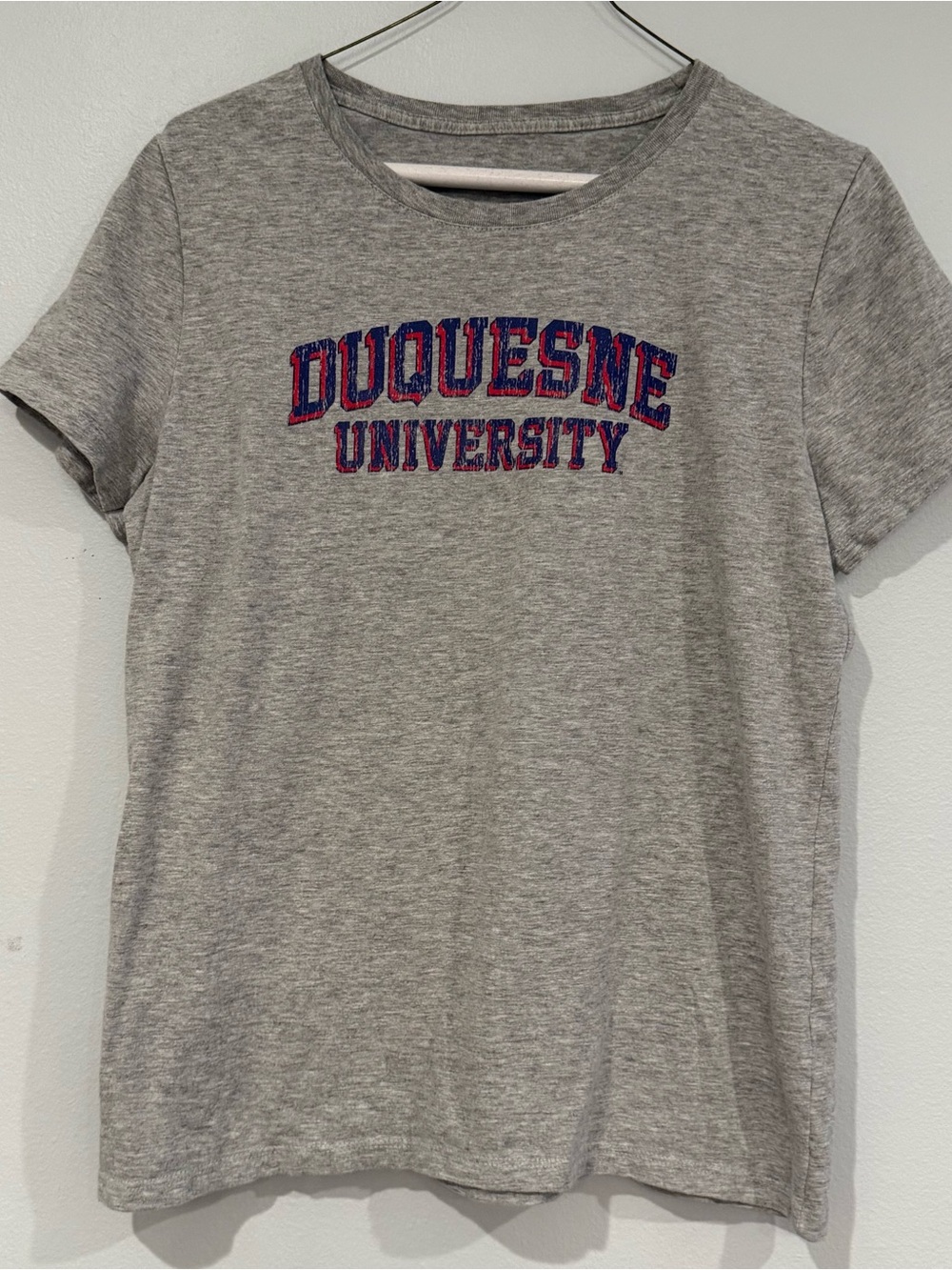 Gildan Gray Duquesne University Short Sleeve Tee with Red & Blue Lettering